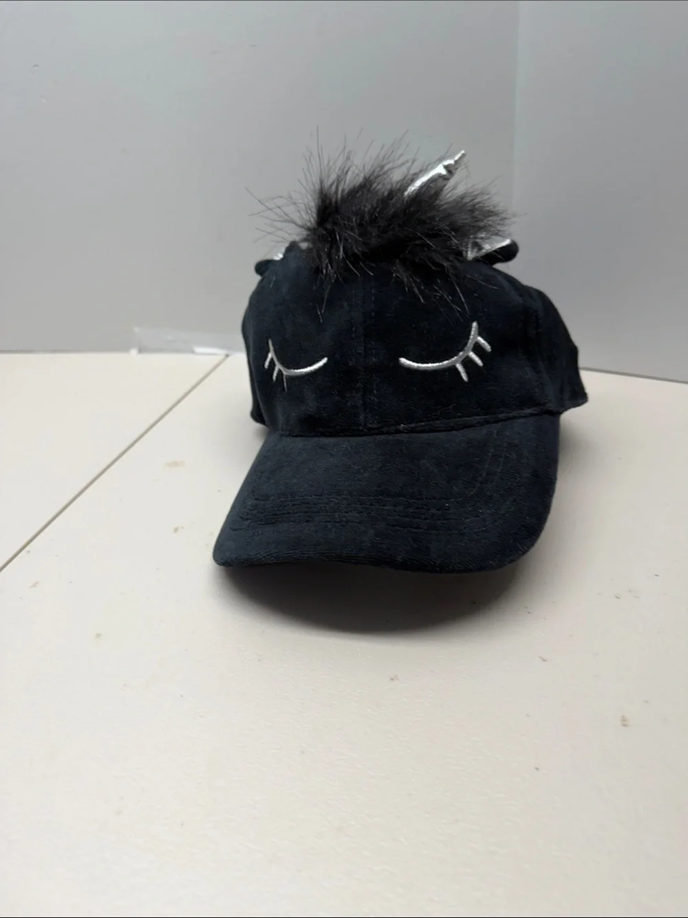 Kids Black Unicorn Cap with Faux Fur and Eyelash Embroidery